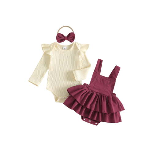 Loicainy Infant Baby Girls Fall Outfit 3 6 9 12 18 Months Long Sleeve Romper with Overall Dress and Headband Clothes Set