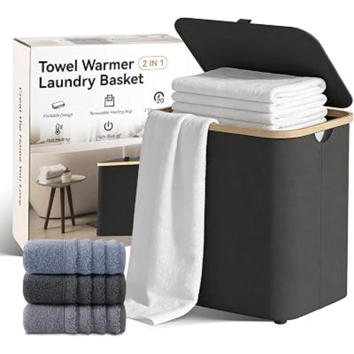 Calentador de toallas y cesta de lavandería 2 en 1, calentador de toallas plegable negro para baño con bolsa de calefacción extraíble, temporizador de 20/40/60 minutos, apagado automático