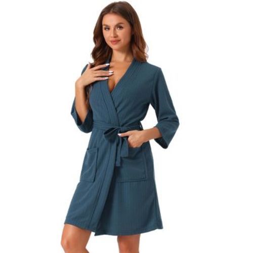 cheibear Women's Mid-Length Two Pockets Soft Spa & Bath Waffle Robes With Belt Large Navy Blue