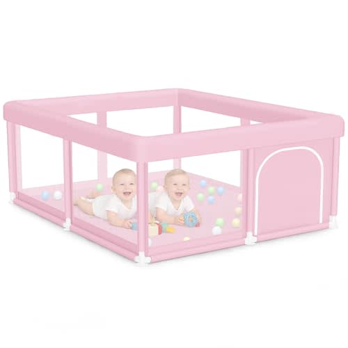 Large Baby Playpen 50"x50" Baby Girl Play Pen for Babies and Toddlers, Safe Structure and Soft, Skin-Friendly Fabric with Zipper Gates Pink