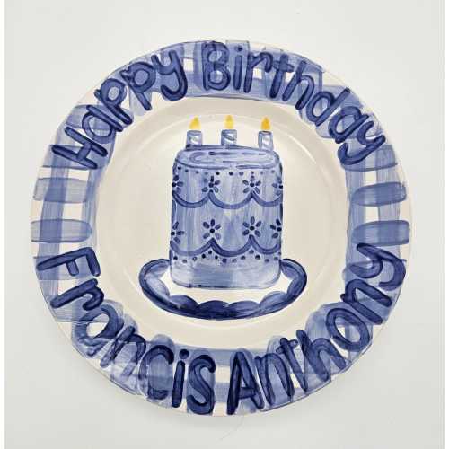 Blue Gingham Cake Happy Birthday Plate 11&quot;
