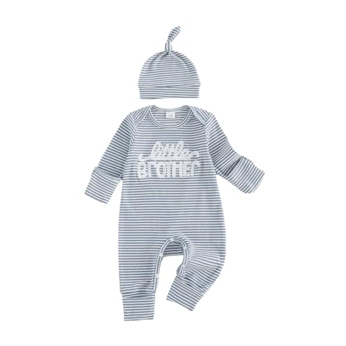 Sejardin Newborn Infant Baby Boy Fall Clothes Waffle Romper Letter Embroidery Long Sleeve Crew Neck Jumpsuit with Hat