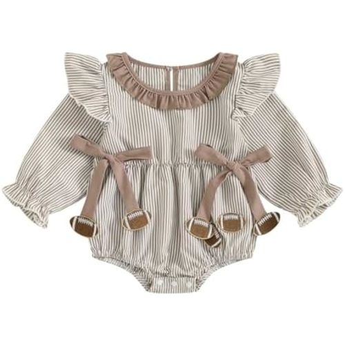 Football Baby Girl Outfit Infant Plaid Bubble Romper Onesie Football Embroidery Jumpsuit Cute Fall Winter Clothes