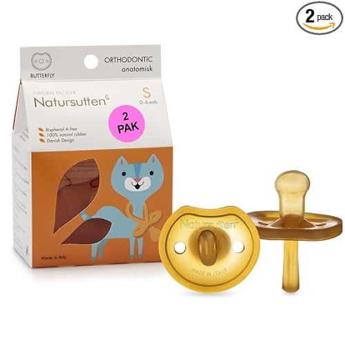 Natursutten 2-Pack Natural Rubber Pacifiers - Safe & Soft BPA-Free Pacifier for Breastfeeding Babies, Made in Italy, Butterfly Shield Orthodontic Nipple, Newborn 0-6 Months