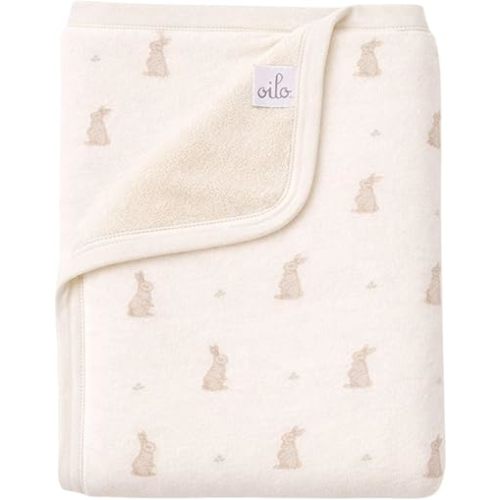 Oilo Bunny Baby Blanket, Rabbit Baby Blanket with Ultra, Soft Plush Backing & Organic Cotton Jersey Print, Double, Layered 30x40 Blanket for Newborns & Toddlers, Bunny
