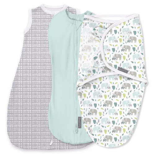 SwaddleMe by Ingenuity Comfort Pack Baby Swaddle Set, Size 0-3 Months, Pod, Original Swaddle, Night Sack, 3pk - Baby Elephant