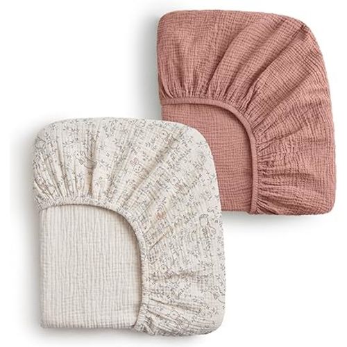 Blissful Diary Muslin Crib Sheets for Girls, Boho Soft Cotton Baby Sheet for 52''x28'' Standard Crib Mattress, 2 Pack(Blush Bunny Floral & Dusty Pink)