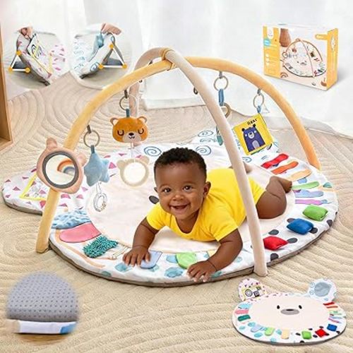 Baby Play Gym, Thickened and Non Slip Activity Mat, 5 Developmental Zones Tummy Time Mat with 5 Detachable Sensory Toys for Motor Skills, Baby Essentials Shower Gift Box(Bear)
