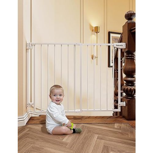 Babelio 29.7-46.5" No Bottom Bar Baby/Dog Gate for Stairs, House and Doorways, Auto Close Safety Pet Gates with Large Walk Thru Door, Hardware Mount, White