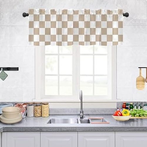 Beige Checkered Kitchen Valances for Windows, Cute Retro Checkerboard Valance Curtains, Short Window Treatment for Living Room, Bedroom, Bathroom, Rod Pocket Topper Curtains