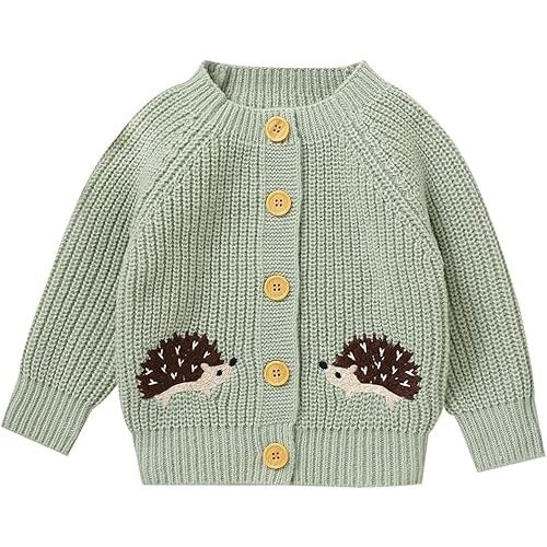 Opewod Baby Boy Girl Knit Cardigan Sweater Soft Warm Crochet Round Neck Long Sleeve Coat Toddler Outwear Fall Winter Clothes