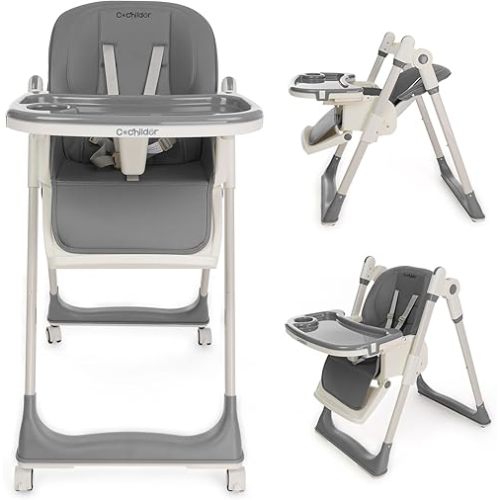 3-in-1 Foldable High Chair for Babies & Toddlers – Adjustable Height, Reclining Seat, 5-Point Safety Harness, Removable Tray, Lockable Wheels, Washable Cushion – Portable & Easy Clean, Grey