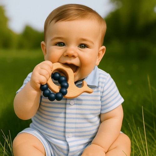 Navy Blue Whale Silicone & Beechwood Teether
