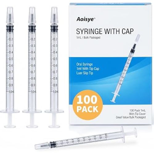 100 Pack 1ml Syringes with Caps 1cc Plastic Small Syringes without Needle, Non-Sterile, for Liquid, Oral, Colostrum