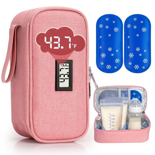 SUNMON Breast Milk Cooler Bag with Real-Time Temperature Display, Portable Travel Breastmilk Storage Case, Includes 2 Reusable Ice Packs, for Pumping Moms on The Go (Pink)
