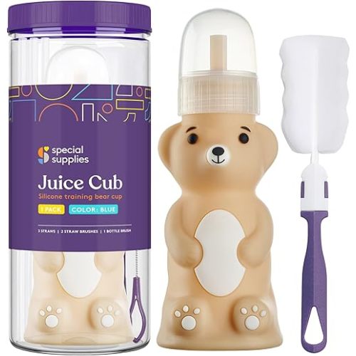 Special Supplies Honey Bear Straw Cup Long Straws, Squeezable Therapy and Special Needs Assistive Drink Container, Spill Proof and Leak Resistant Lid (Pack of 1 Bottle and 3 Straws) (Brown)