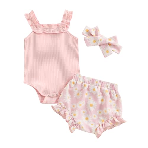 fhutpw Baby Girl Clothes Summer Spaghetti Strap Romper Floral Shorts Sets | 3Pcs Infant Clothing, Ribbed Knit Bodysuit, Sleeveless Camisole, Ruffle Shorts, Photography Outfits, 3-6 12-18 Months