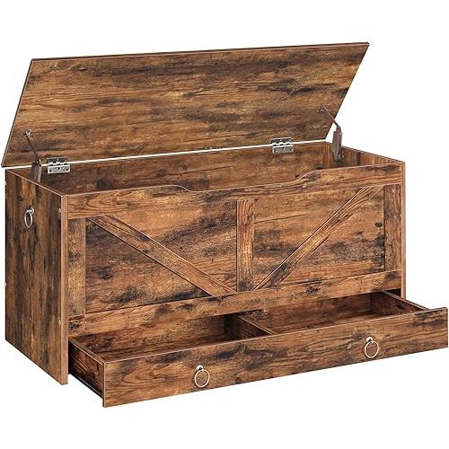 HOOBRO Storage Chest, 39.3" Toy Chest with Drawer, Wooden Storage Bench, Sturdy Entryway Bench Supports 220 lb, Shoe Bench, Safety Hinge, U-Shaped Opening, Easy Assembly, Rustic Brown FG710CW01G2