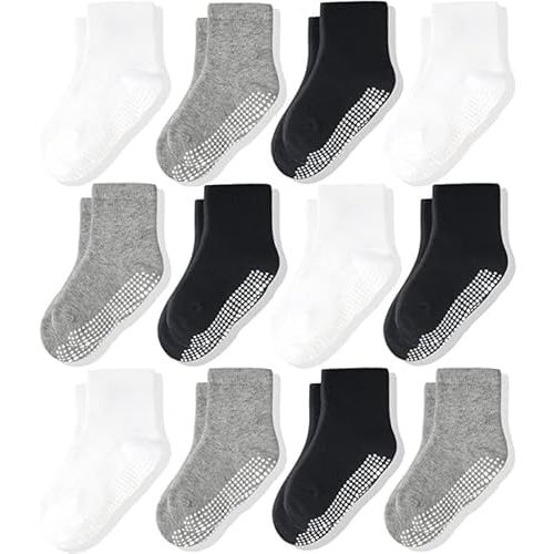 CozyWay Baby & Toddler Socks With Grippers Non Slip Crew Grip Socks for Girls and Boys Soft Comfy Cotton - 12 Pack