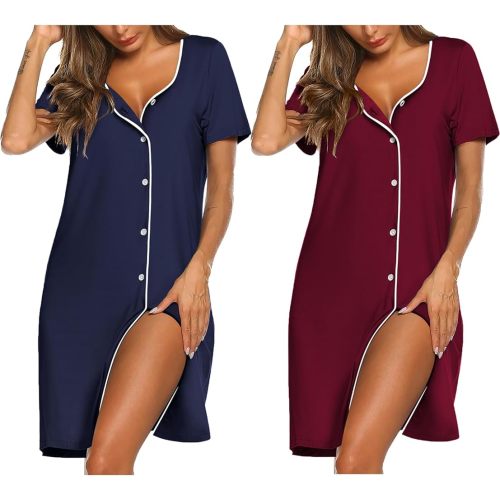 Ekouaer 2 Pack Nightgowns for Women Button Sleepshirt Short Sleeve V Neck Nightshirt Soft Sleepwear Lounge Dress S-XXXL