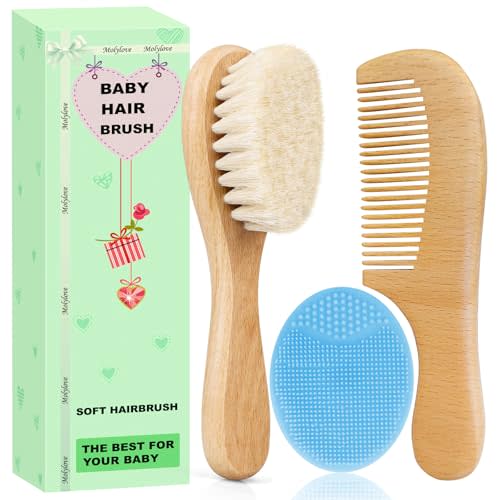 Molylove Baby Hair Brush with Wooden Handle and Comb Set for Newborns & Toddlers | Natural Soft Goat Bristles l Wood Comb l Blue Cradle Cap Brush| Ideal for Cradle Cap (3 Piece)