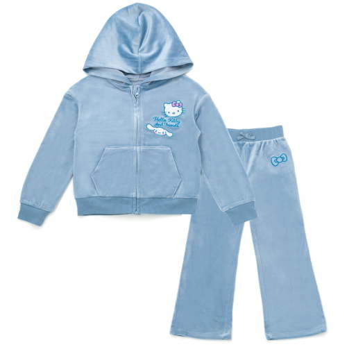 Hello Kitty Cinnamoroll Hello Kitty Velour Metallic Print Drop Shoulder Zip Up Hoodie and Flare Pants Outfit Set Toddler to Big Kid