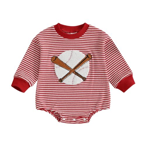 Licupiee Newborn Boy Baseball Sweatshirt Rompers Embroidery Football Long Sleeve Striped Bodysuit Infant Baby Waffle Clothes