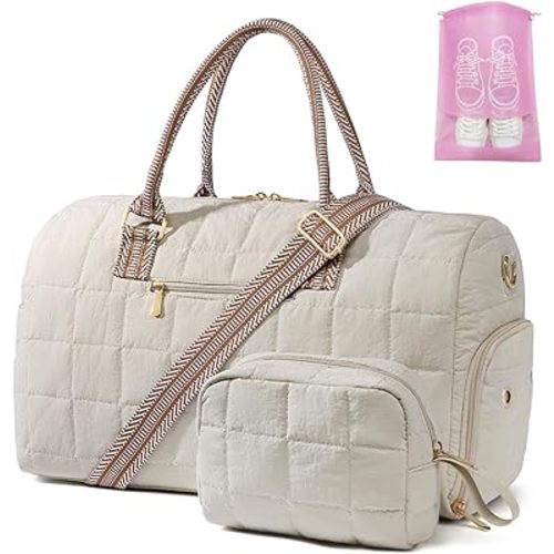 Duffle Bag for Travel, Weekender Bag with Shoe Compartment, Carry On Overnight Bag for Women with Toiletry Bag, Gym Bag with Wet Pocket, Hospital Bags for Labor and Delivery Beige