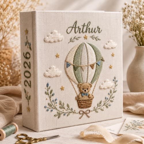 Hot Air Balloon Bear Embroidered Album, Personalized Name Memory Book, Baby Photo Keepsake, Nursery Scrapbook Gift, New Baby Shower Gift