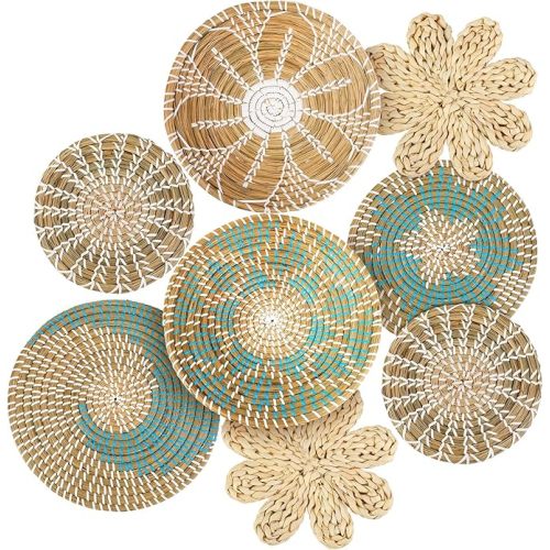 Xuhal Set of 8 Hanging Woven Wall Basket Handmade Decorative Rustic Boho Basket Decor Handcrafted Wicker Round Seagrass Wall Art for Home Kitchen Farmhouse Table Living Room