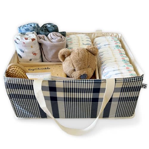 Tiny Twinkle Diaper Caddy Organizer, Gingham | Foldable Baby Storage Basket, Removable Divider, Waterproof & Mess-Proof Fabric, Portable Nursery Organizer