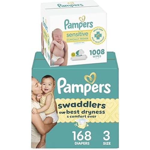 Pampers Swaddlers Disposable Baby Diapers Size 3, 168 Count with Sensitive Water Based Baby Wipes 12 Flip-Top Packs (1008 Wipes Total)