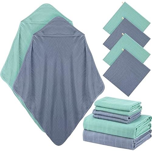 Preboun 6 Pcs Muslin Hooded Baby Towels and Washcloths,Green,Blue