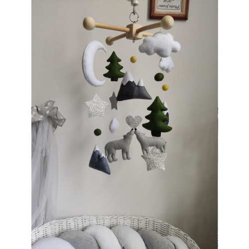 Wolf Nursery Mobile, Woodland Forest Animals, Mountains Baby Mobile
