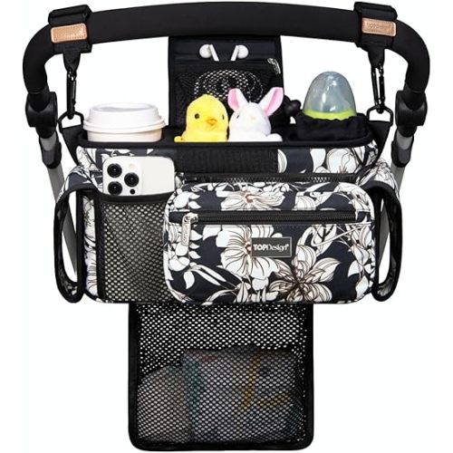 TOPDesign Universal Baby Stroller Organizer, Stroller Caddy with Detachable Mesh Bag & Heightened Insulated Cup Holders & Non-Slip Secure Hooks Accessories, Fits Most Strollers (Morning Glory)
