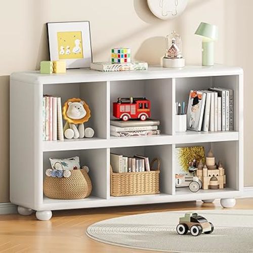 Wooden Bookcase with 6 Cube Storage, Kids Bookshelf with Sphere Foot, Sturdy Toy Storage Organizer, Safe Rounded Corners Bookcase for Living Room, Playroom, Nursery (White)