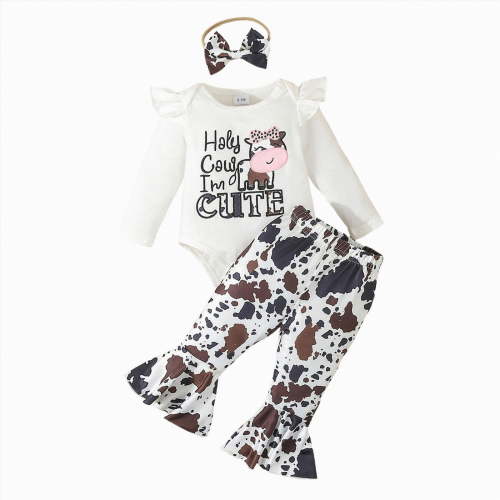 TOWED22 Baby Girl Fall Winter Clothes Long Sleeve Romper + Bow Print Pants + Headband Set 3pcs Newborn Infant Girl Outfits(Silver,3-6 M)