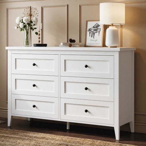RichYa 6 Drawer Dresser for Bedroom,Chest of Drawers with Metal Knobs,Dresser for Closet,White