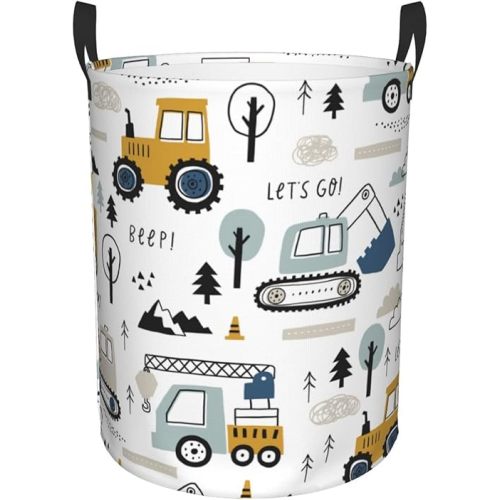 Cartoon Excavator Tractors Laundry Basket Round Laundry Hamper with Handles Waterproof Oxford Fabric Collapsible Dirty Clothes Storage Bucket Gift Storage Basket for Bedroom Dorm Living Room Nursery