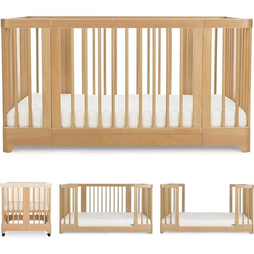Newton Nest Convertible Crib for Baby and Toddler, Converts from Bassinet to Crib to Toddler Bed, Greenguard Gold, Solid Beech Wood Non-Toxic Finish - Natural, Sandstone Liner