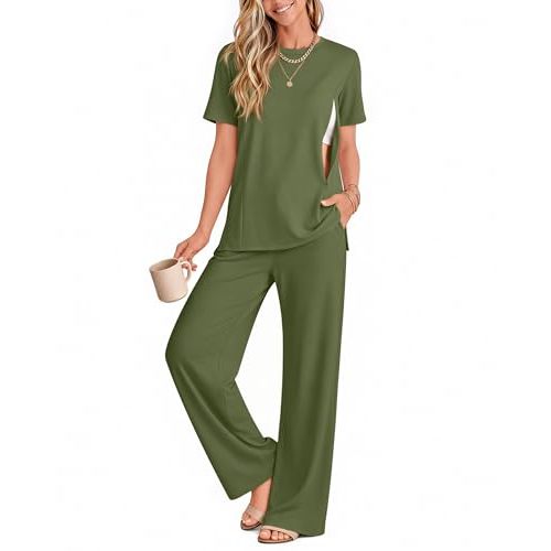 2Pc Postpartum Nursing Pajamas Set | Lounge Outfit, Hidden Zipper Short Sleeve Shirt, Easy Breastfeeding Matching Set, Soft Stretchy Fabric, for New Moms