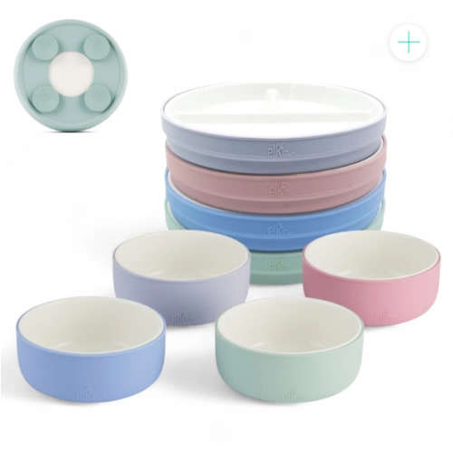 Kids Porcelain Mealtime Bundle | Suction Sleeves | 7.8" Plates + Bowls | 8 Pcs | Blush/Lilac/Sage/Misty Blue