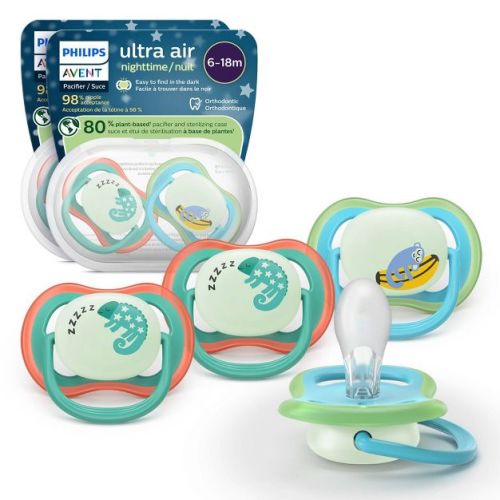 Philips Avent Ultra Air Pacifiers 6-18m - Chameleon/Sleeping Monkey Night - 4pk: BPA-Free, Silicone, Phthalate-Free
