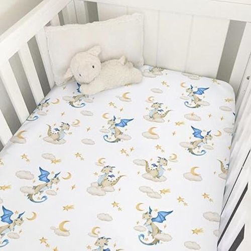 Cartoon Fairy Tale Dragon Moon Stars Clouds Baby Crib Sheets 52''x28'' Watercolor Dragons Stretchy Fitted Crib Mattress Cover for Boy Girl Soft Bed Sheet for Standard Crib and Toddler Mattress