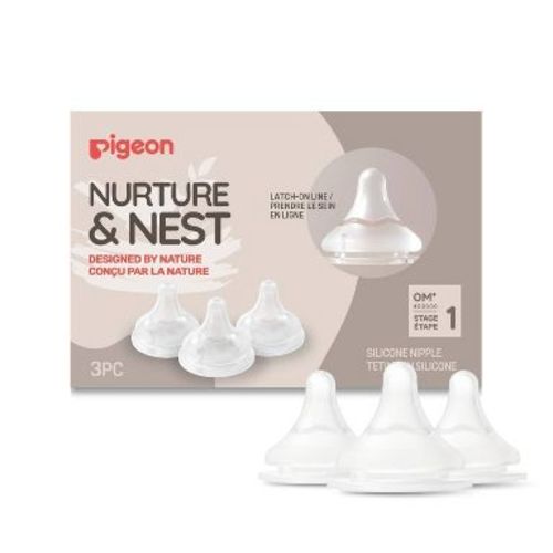 Pigeon Nurture & Nest Anti-colic Silicone Bottle Nipples with Latch-On Line - Level 1 - Slow Flow - 3pk