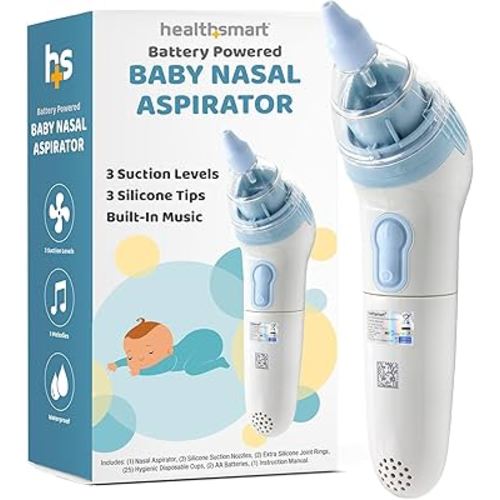 HealthSmart Nasal Aspirator for Baby – Perfect Gift for Moms & Baby Registry -3 Suction Levels, 3 Silicone Tips, Ergonomic Electric Nose Sucker with Built-in Nursery Rhymes