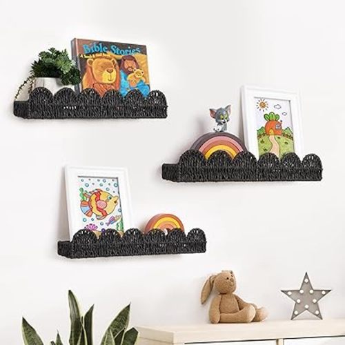 AELS Scalloped Nursery Bookshelf, Set of 3, Picture Ledge Shelf for Wall Decor, Woven Natural Fibre Floating Shelves for Books, Toys, Photo Frames, Nursery, Boho Modern Farmhouse Book Shelf, Black