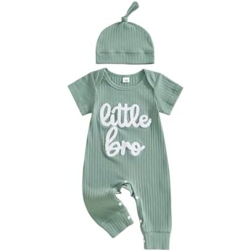 Ledy Champswiin Summer Newborn Boy Romper Little Bro Baby Jumpsuit with Hat Cute Infant Boy Clothes Set Coming Home Outfit