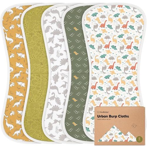 Organic Burp Cloths Baby Boy & Girl - 5-Pack Super Absorbent Cotton Burping Cloths for Babies, Soft & Plush Newborn Spit Up Rags, Infant Towels for Milk Spit Up, Unisex, Large 21" x 10" (Mesozoic)