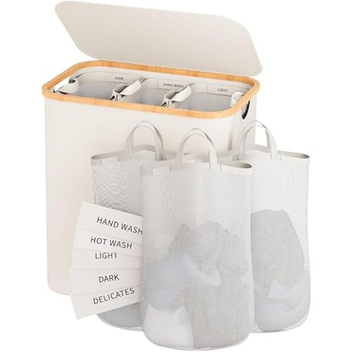 Laundry Hamper 3 Section, 145L Dirty Clothes Hamper with Lid, Extra Large Laundry Basket Organizer with Removable Inner Bags & Labels for Laundry Room, Bedroom, Beige